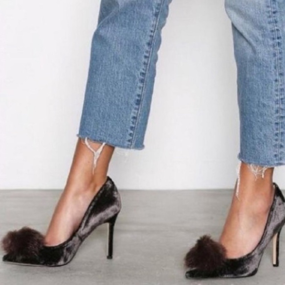 Chocolate Brown velvet pumps with Pom-Pom
